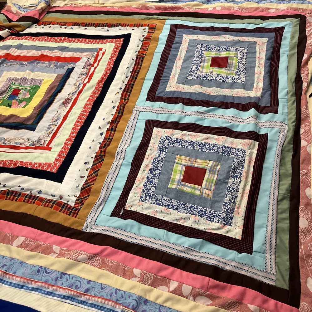 Vintage Handmade Log Cabin Block Pattern Quilt Top Only King Size Machine Sewn